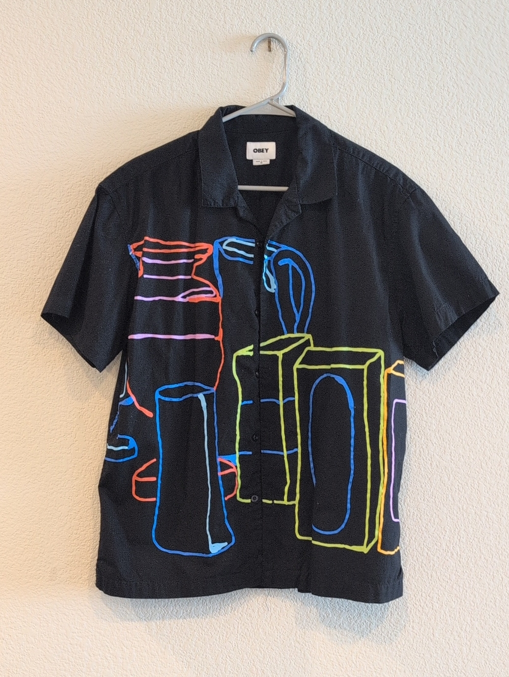 Obey Black Short-Sleeve Button-Down Shirt with Neon Outline Graphics